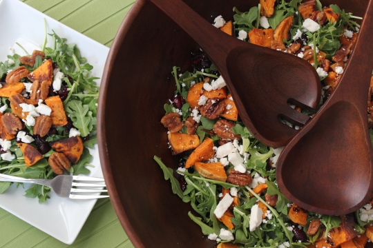Arugula Salad with Feta, Sweet Potato, Cranberry and Candied Pecans